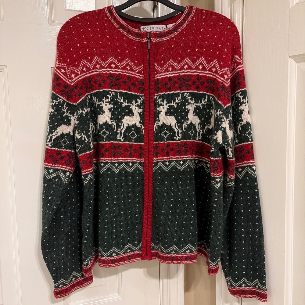 Cignal Vintage Reindeer Fair Isle Zip Front Cardigan Sweater Red Green Wool L